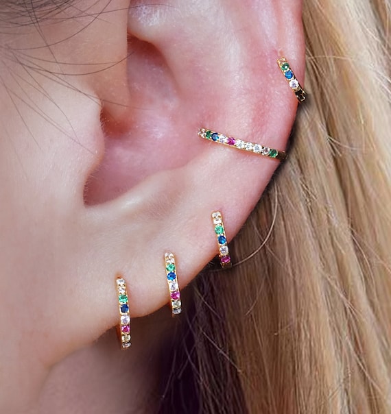shashi 18k gold plated rainbow crystal huggie hoop earrings